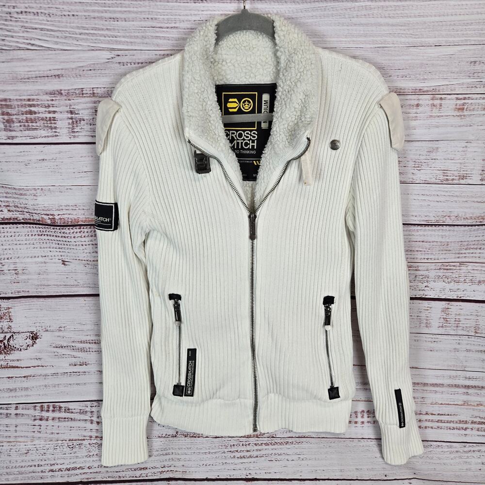 Cross Hatch Series 55 Chunky Knit Sweater Jacket Sz M Sherpa Line Thermal Ivory
